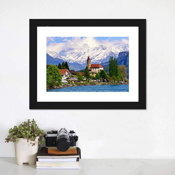 Brienz Town At Lake Switzerland Canvas Wall Art-1 Piece-Framed Print-20" x 16"-Tiaracle