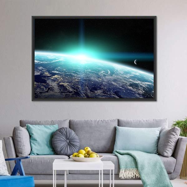Bright Sun Over Planet Earth Canvas Wall Art in black, white and blue, framed canvas, product view on a white background