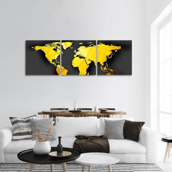 Yellow Low Poly World Map Panoramic Canvas Wall Art in black and yellow, hung on a wall