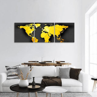 Yellow Low Poly World Map Panoramic Canvas Wall Art - 3 Piece / 25" x 08"