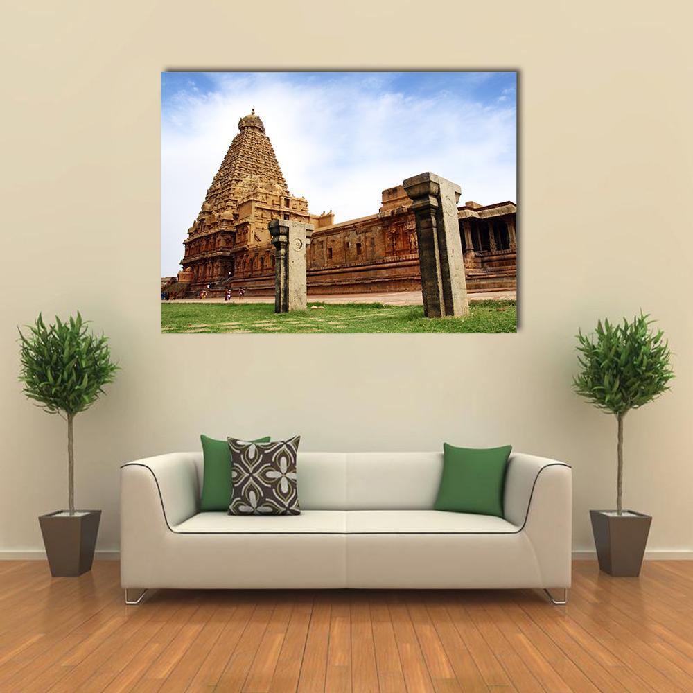Brihadeeswarar Temple in India Canvas Wall Art in beige, brown and blue, single panel hung on a wall