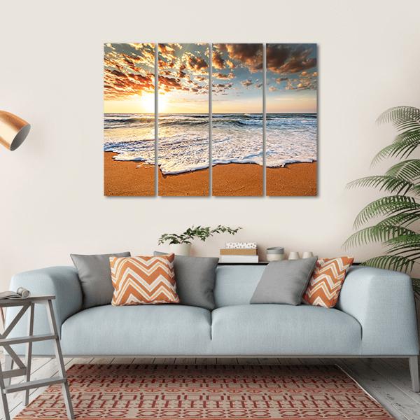 Brilliant Ocean Beach Sunrise Canvas Wall Art-4 Horizontal-Gallery Wrap-34" x 24"-Tiaracle