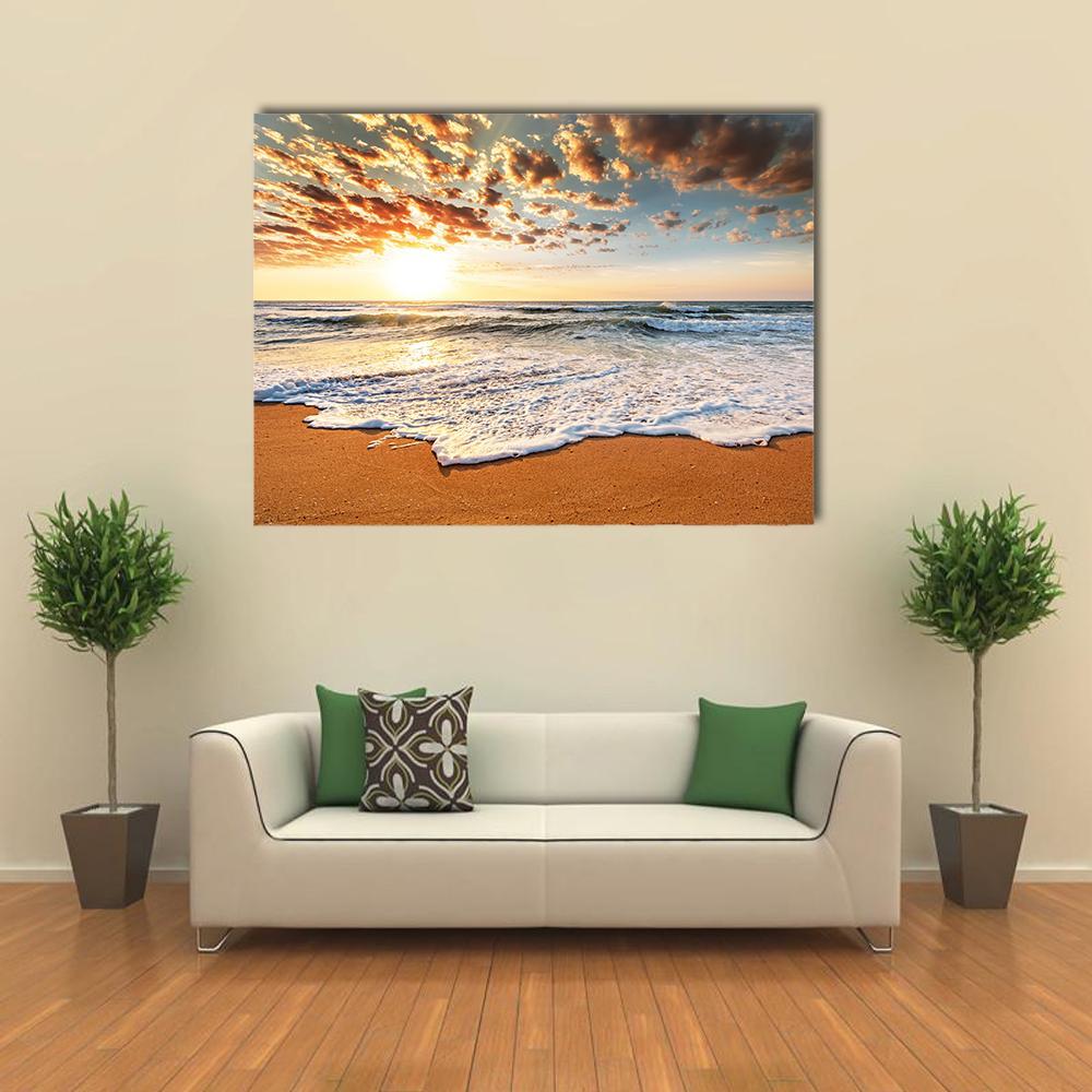 Brilliant Ocean Beach Sunrise Canvas Wall Art-5 Horizontal-Gallery Wrap-22" x 12"-Tiaracle