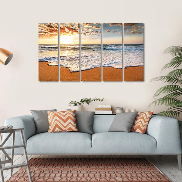 Brilliant Ocean Beach Sunrise Canvas Wall Art-5 Horizontal-Gallery Wrap-22" x 12"-Tiaracle