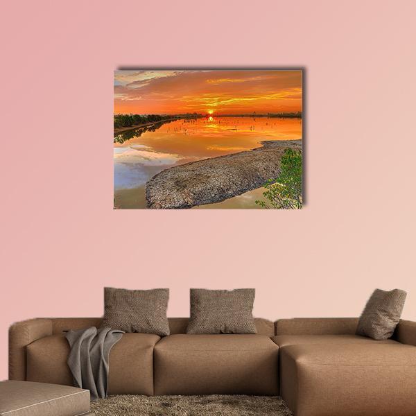 Sunrise Across A River India Canvas Wall Art-1 Piece-Gallery Wrap-48" x 32"-Tiaracle