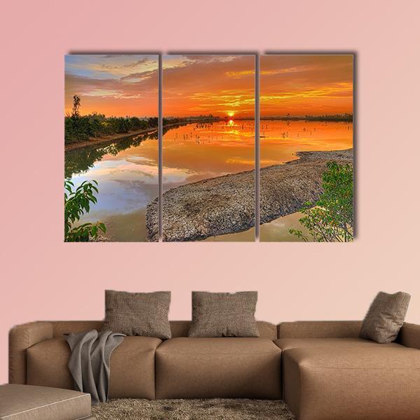 Sunrise Across A River India Canvas Wall Art-4 Pop-Gallery Wrap-50" x 32"-Tiaracle