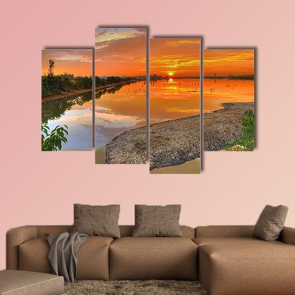 Sunrise Across A River India Canvas Wall Art-4 Pop-Gallery Wrap-50" x 32"-Tiaracle