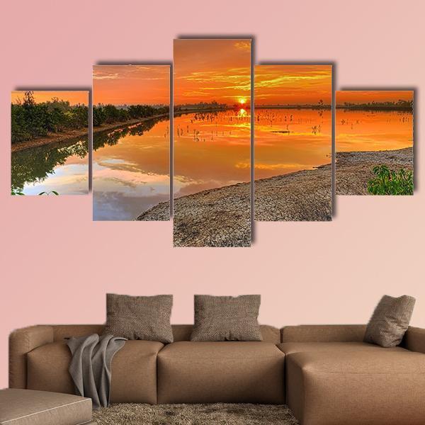 Sunrise Across A River India Canvas Wall Art-5 Star-Gallery Wrap-62" x 32"-Tiaracle