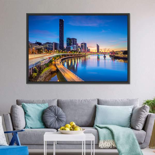 Brisbane Skyline At Sunrise Canvas Wall Art-1 Piece-Floating Frame-24" x 16"-Tiaracle
