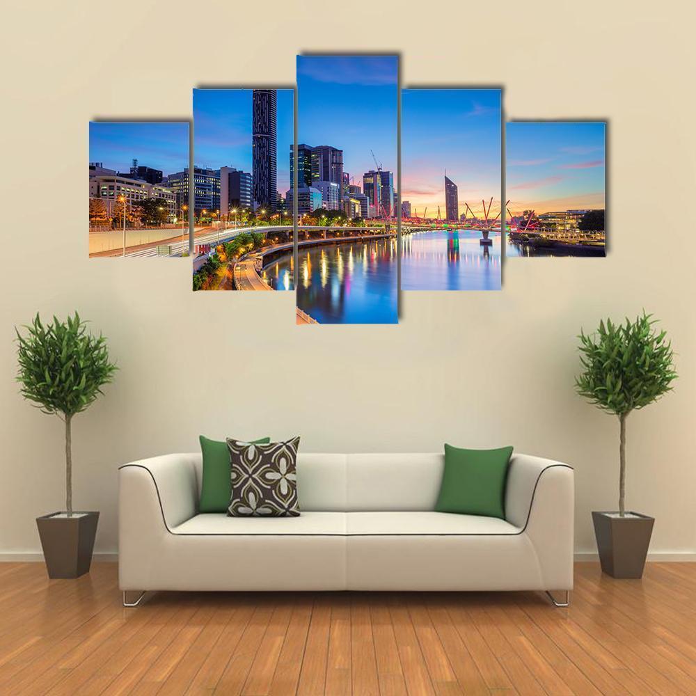 Brisbane Skyline At Sunrise Canvas Wall Art-5 Star-Gallery Wrap-62" x 32"-Tiaracle