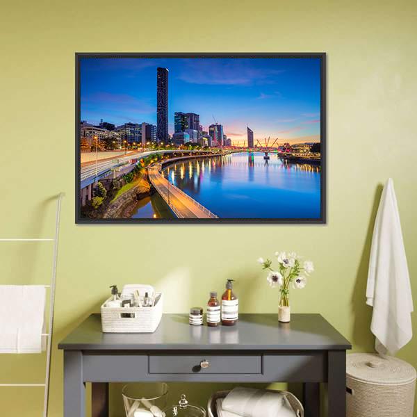 Brisbane Skyline At Sunrise Canvas Wall Art-3 Horizontal-Gallery Wrap-25" x 16"-Tiaracle