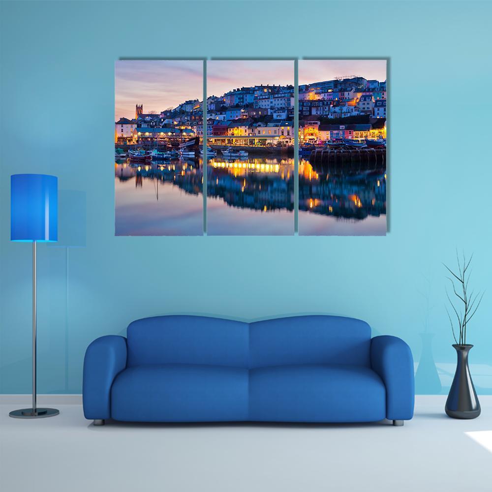 Brixham Harbour At Sunset Canvas Wall Art-3 Horizontal-Gallery Wrap-37" x 24"-Tiaracle