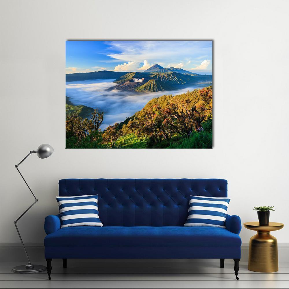 Bromo Volcano at Sunrise Canvas Wall Art in white, green and blue, single panel hung on a wall