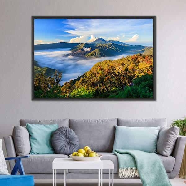 Bromo Volcano At Sunrise Canvas Wall Art-1 Piece-Floating Frame-24" x 16"-Tiaracle