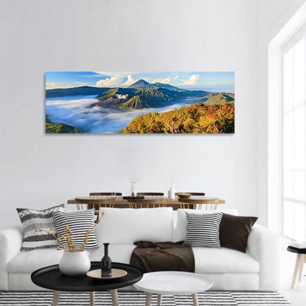 Bromo Volcano At Sunrise Panoramic Canvas Wall Art-3 Piece-25" x 08"-Tiaracle