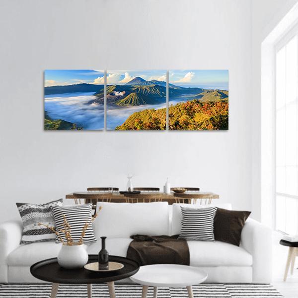 Bromo Volcano At Sunrise Panoramic Canvas Wall Art-3 Piece-25" x 08"-Tiaracle