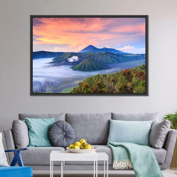 Bromo Volcano Sunrise Over Misty Craters Canvas Wall Art in orange, green and blue, framed canvas, product view on a white background