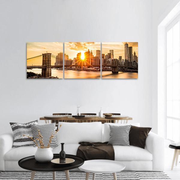 Brooklyn Bridge Skyline Panoramic Canvas Wall Art-3 Piece-25&quot; x 08&quot;-Tiaracle