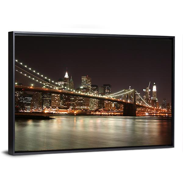 Night View Of Manhattan Skyline Canvas Wall Art-3 Horizontal-Gallery Wrap-25" x 16"-Tiaracle