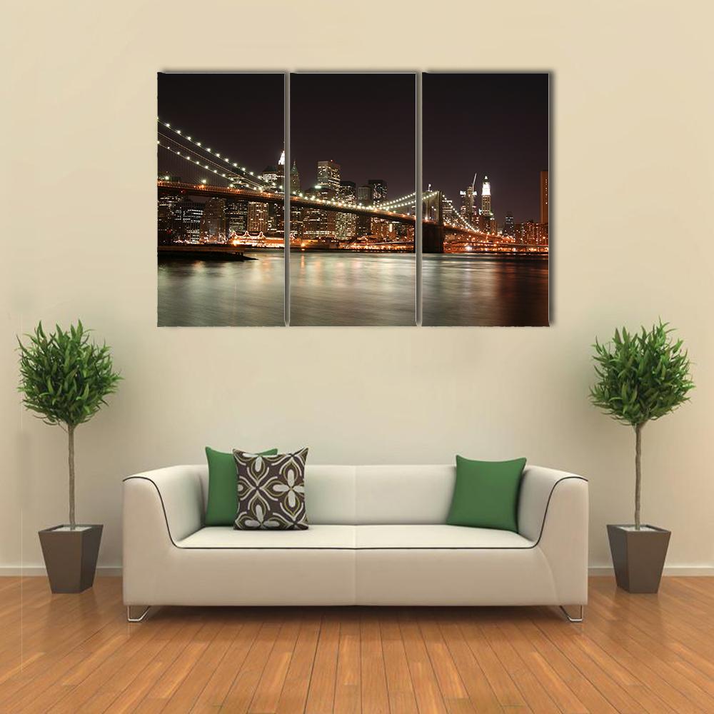 Night View Of Manhattan Skyline Canvas Wall Art-3 Horizontal-Gallery Wrap-25" x 16"-Tiaracle