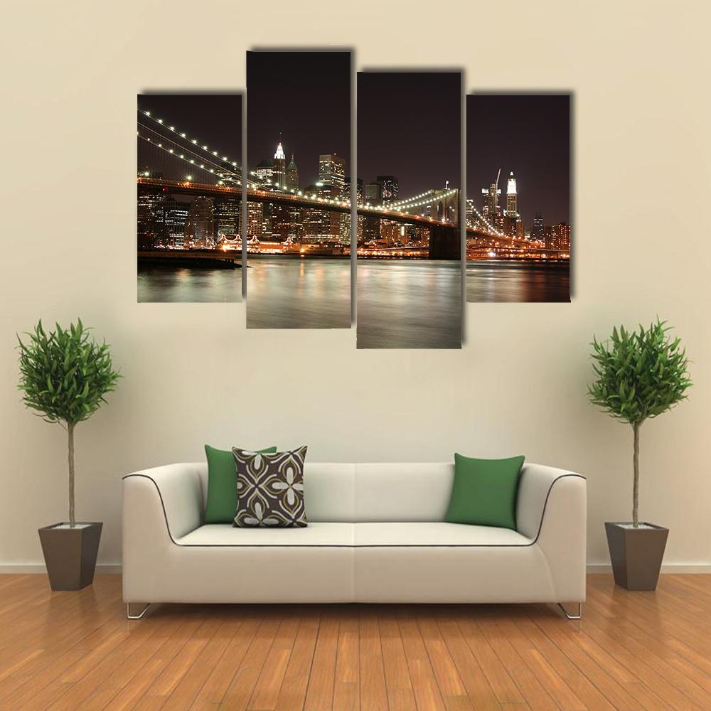 Night View Of Manhattan Skyline Canvas Wall Art-4 Pop-Gallery Wrap-34" x 20"-Tiaracle