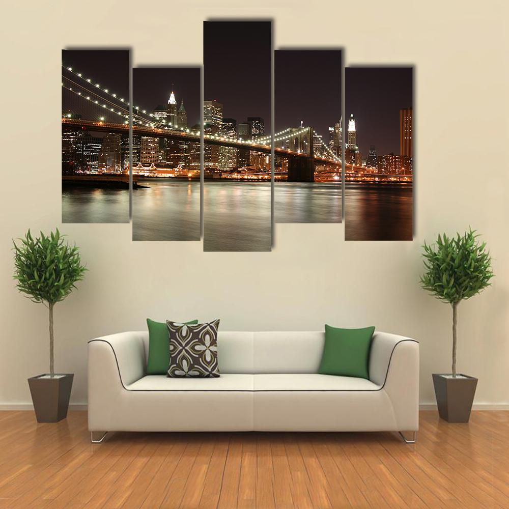 Night View Of Manhattan Skyline Canvas Wall Art-5 Pop-Gallery Wrap-32" x 21"-Tiaracle