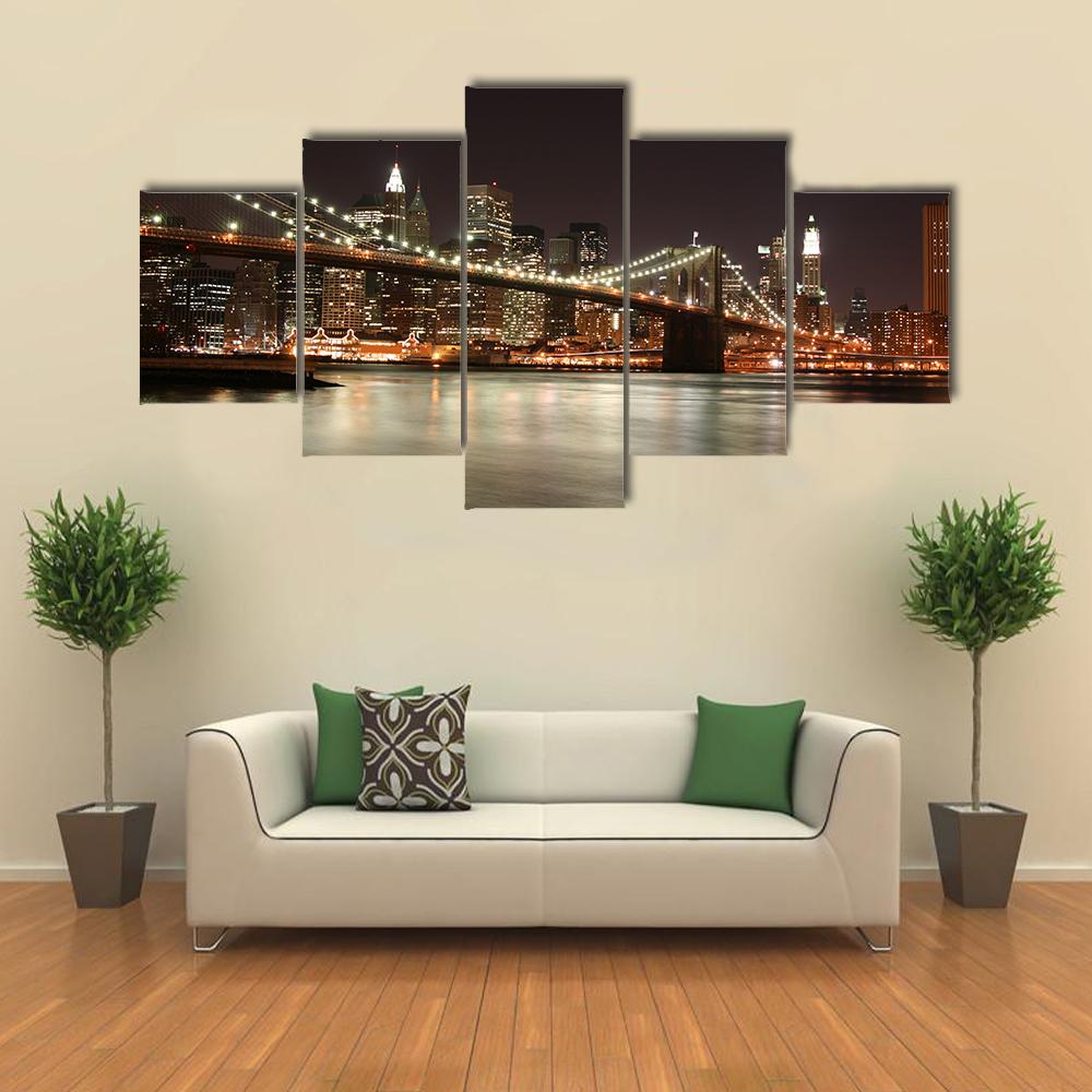 Night View Of Manhattan Skyline Canvas Wall Art-5 Star-Gallery Wrap-42" x 21"-Tiaracle