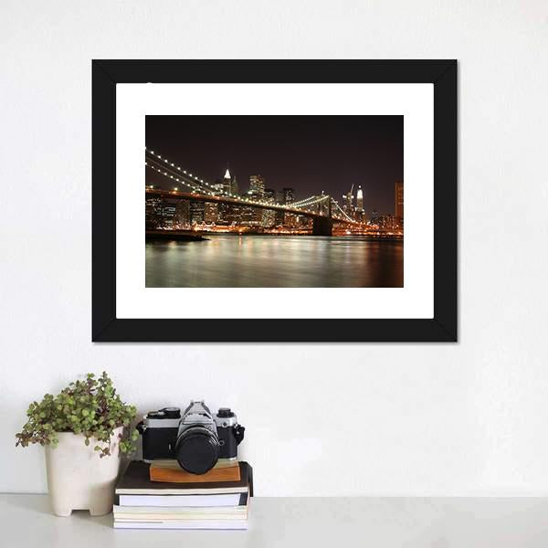 Night View Of Manhattan Skyline Canvas Wall Art-1 Piece-Framed Print-20" x 16"-Tiaracle