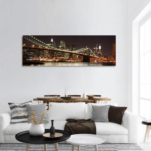 Night View Of Manhattan Skyline Panoramic Canvas Wall Art-1 Piece-36" x 12"-Tiaracle