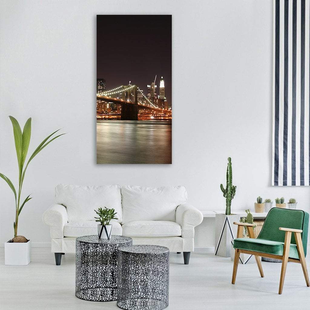 Night View Of Manhattan Skyline Vertical Canvas Wall Art-3 Vertical-Gallery Wrap-12" x 25"-Tiaracle
