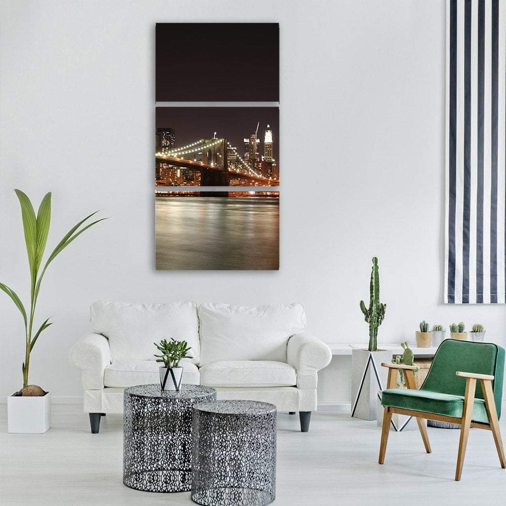 Night View Of Manhattan Skyline Vertical Canvas Wall Art-3 Vertical-Gallery Wrap-12" x 25"-Tiaracle