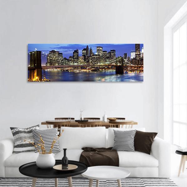 Brooklyn Bridge At Night Panoramic Canvas Wall Art-1 Piece-36" x 12"-Tiaracle