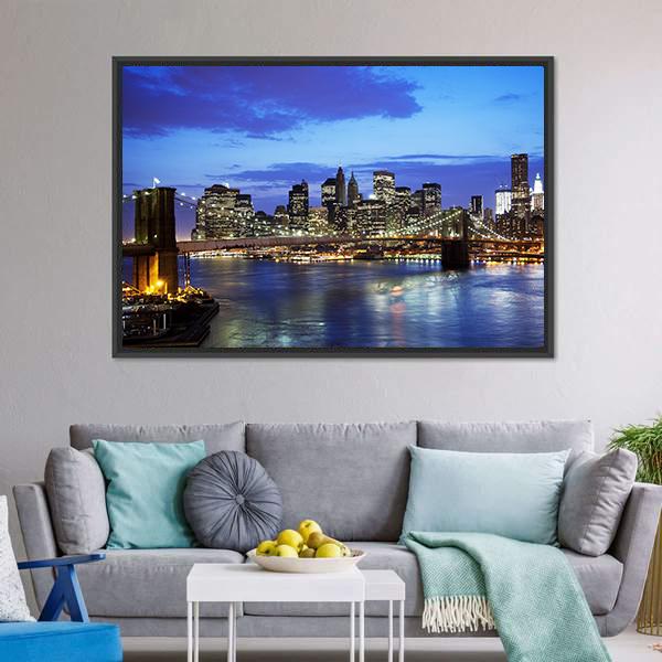 Brooklyn Bridge At Night Panoramic Canvas Wall Art-1 Piece-36" x 12"-Tiaracle