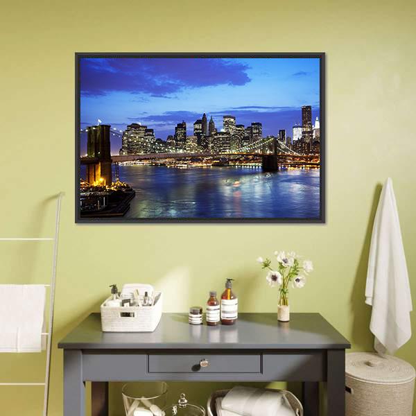 Brooklyn Bridge At Night Panoramic Canvas Wall Art-1 Piece-36" x 12"-Tiaracle