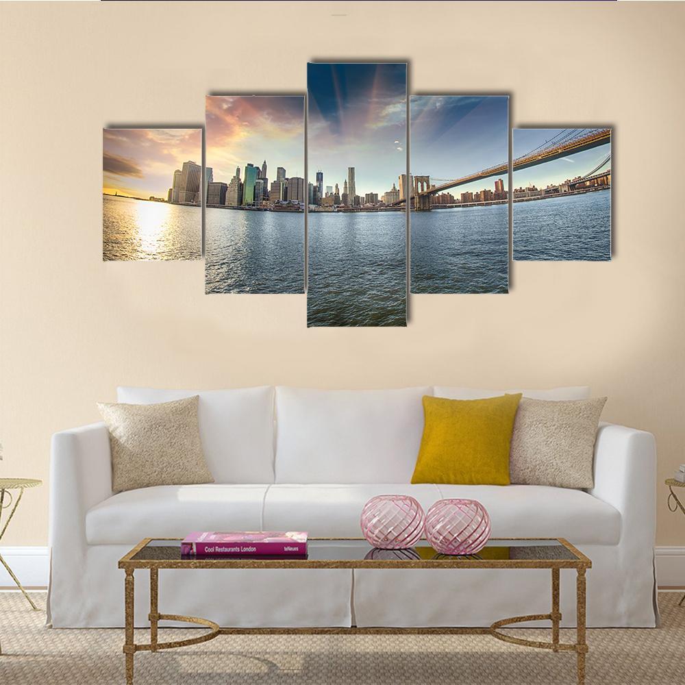 Brooklyn Bridge In Winter Canvas Wall Art-5 Star-Gallery Wrap-62" x 32"-Tiaracle