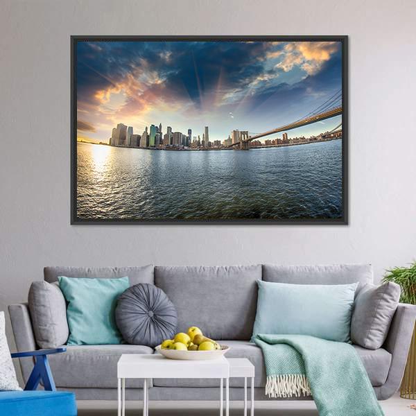 Brooklyn Bridge In Winter Canvas Wall Art-1 Piece-Floating Frame-24" x 16"-Tiaracle