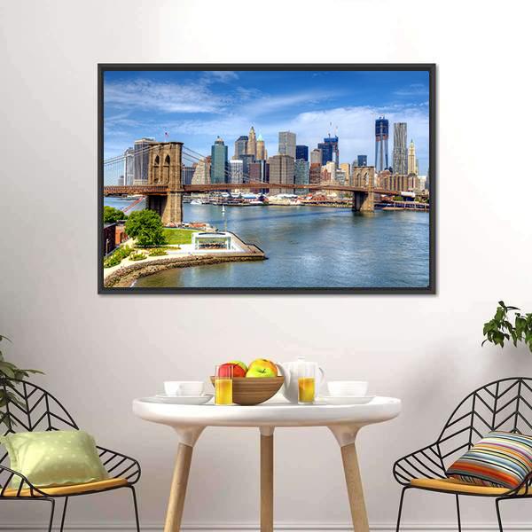 Brooklyn Bridge Lower Manhattan Canvas Wall Art-5 Horizontal-Gallery Wrap-22" x 12"-Tiaracle