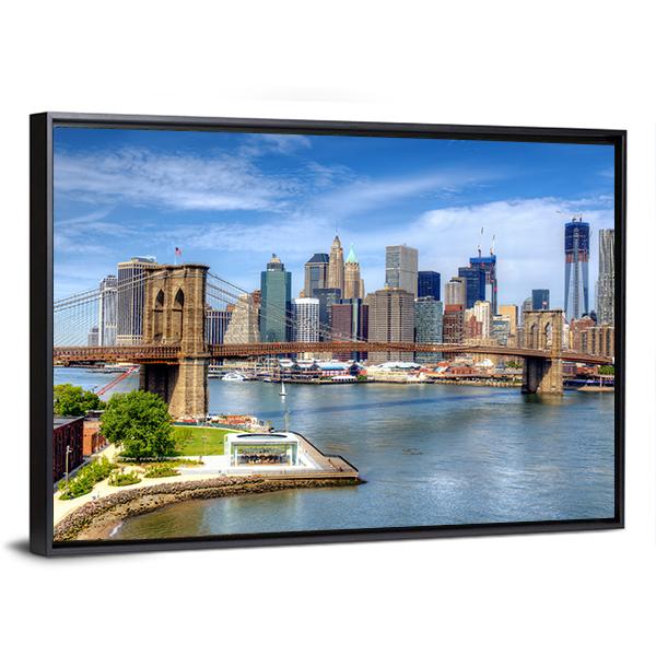 Brooklyn Bridge Lower Manhattan Canvas Wall Art-5 Horizontal-Gallery Wrap-22" x 12"-Tiaracle