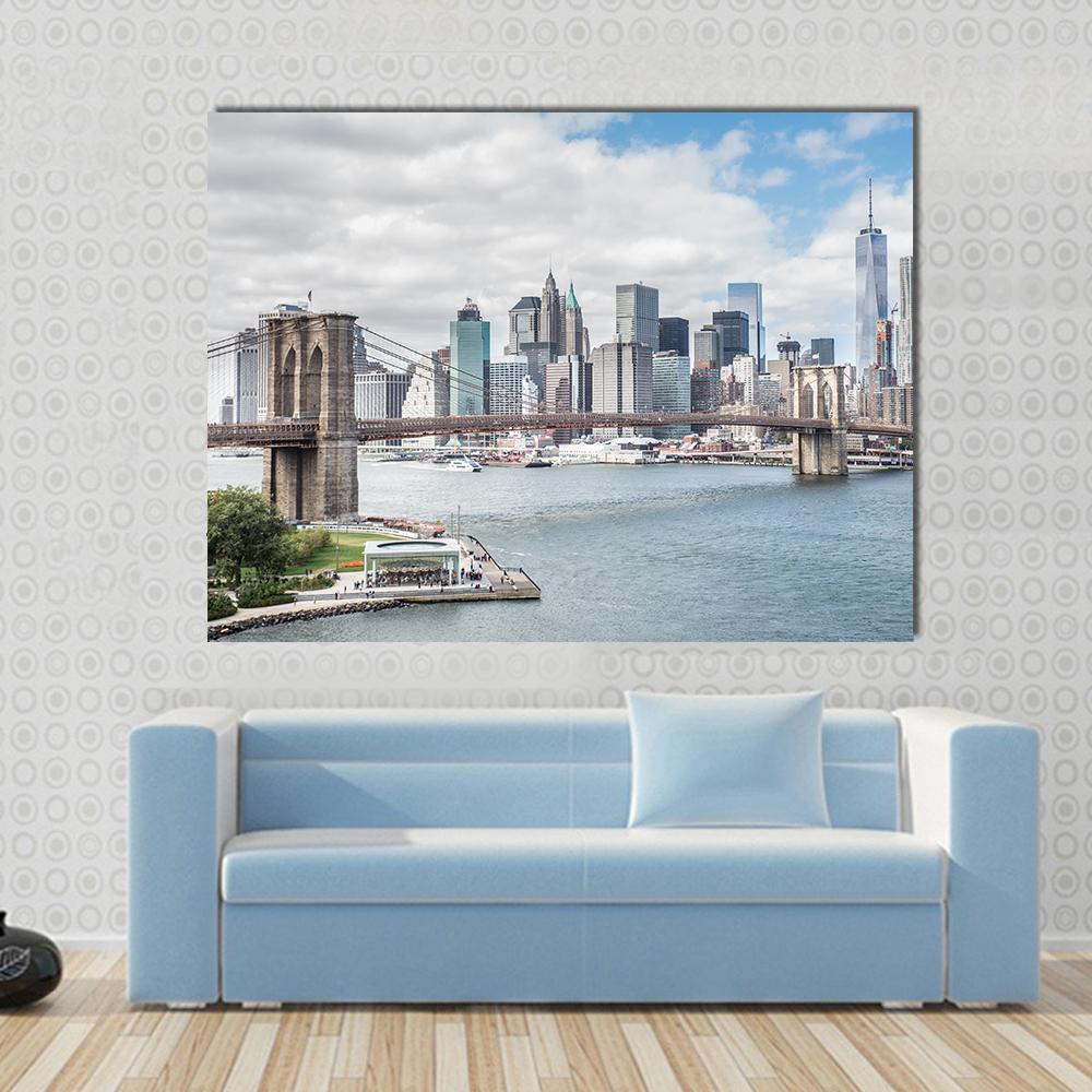 Brooklyn Bridge Ny Canvas Wall Art in white, gray and blue, single panel hung on a wall
