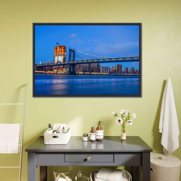 Brooklyn Bridge On East River Canvas Wall Art-3 Horizontal-Gallery Wrap-25" x 16"-Tiaracle