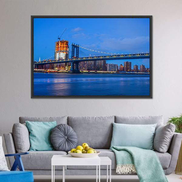 Brooklyn Bridge On East River Canvas Wall Art-1 Piece-Floating Frame-24" x 16"-Tiaracle