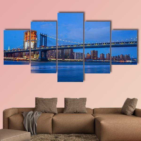 Brooklyn Bridge On East River Canvas Wall Art-5 Star-Gallery Wrap-62" x 32"-Tiaracle