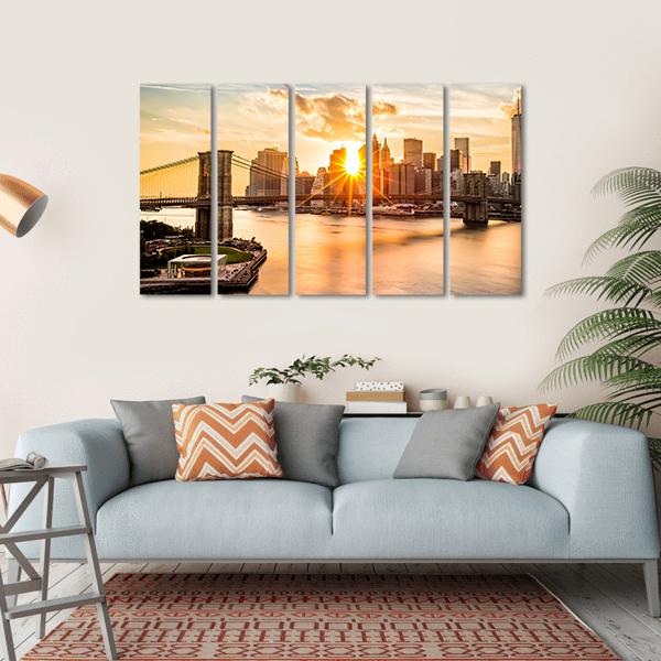 Brooklyn Bridge Skyline Canvas Wall Art-5 Horizontal-Gallery Wrap-22" x 12"-Tiaracle