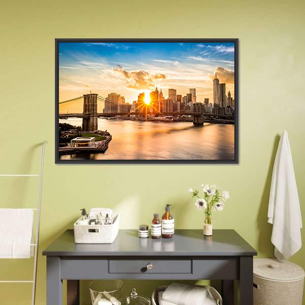 Brooklyn Bridge Skyline Canvas Wall Art-5 Horizontal-Gallery Wrap-22" x 12"-Tiaracle