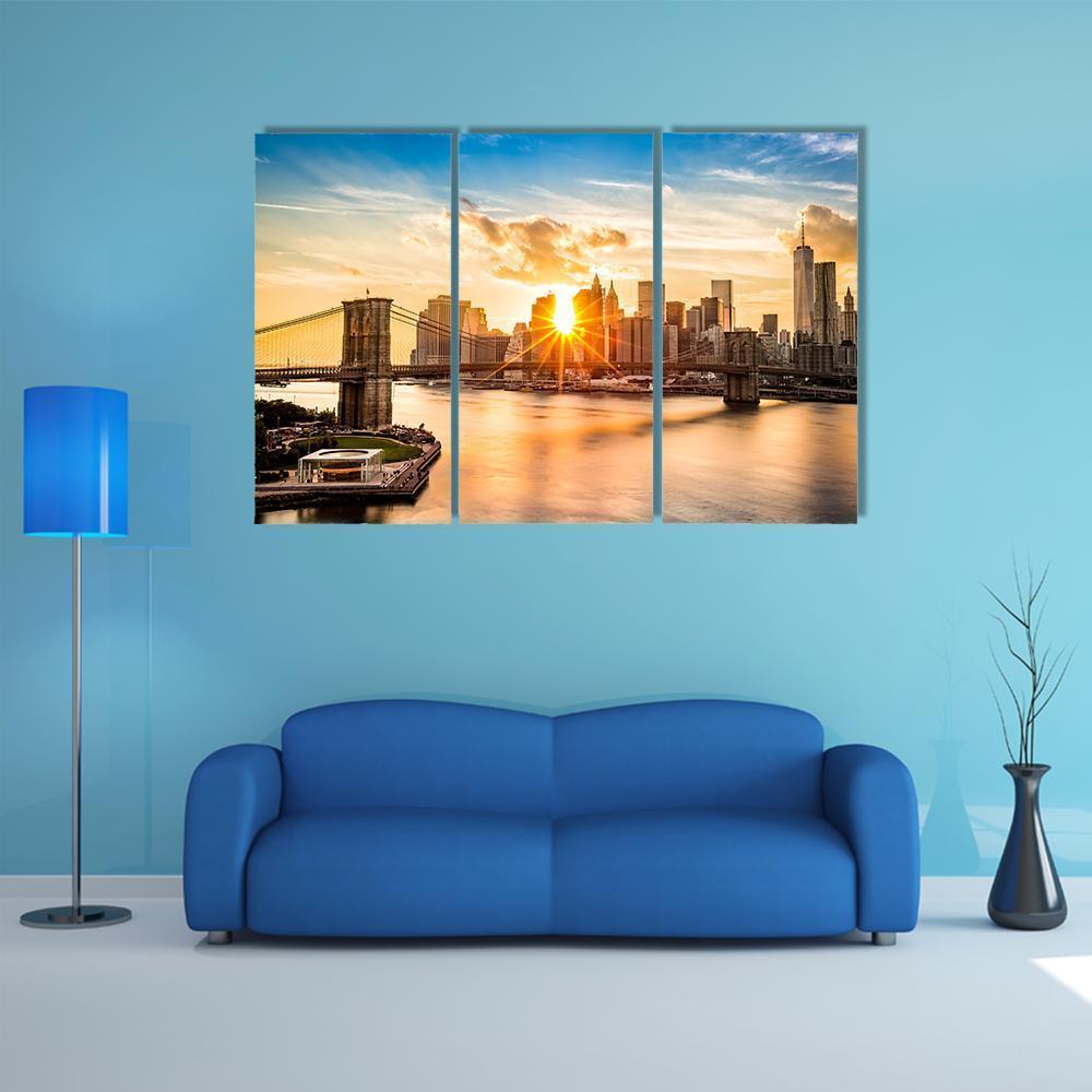 Brooklyn Bridge Skyline Canvas Wall Art-3 Horizontal-Gallery Wrap-37" x 24"-Tiaracle