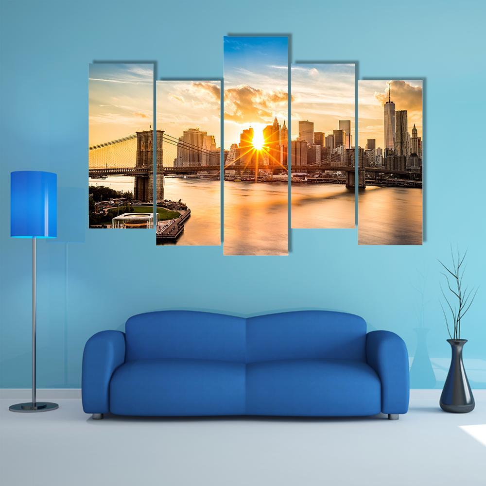 Brooklyn Bridge Skyline Canvas Wall Art-5 Pop-Gallery Wrap-47" x 32"-Tiaracle