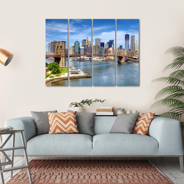 Brooklyn Bridge Lower Manhattan Canvas Wall Art-4 Horizontal-Gallery Wrap-34" x 24"-Tiaracle