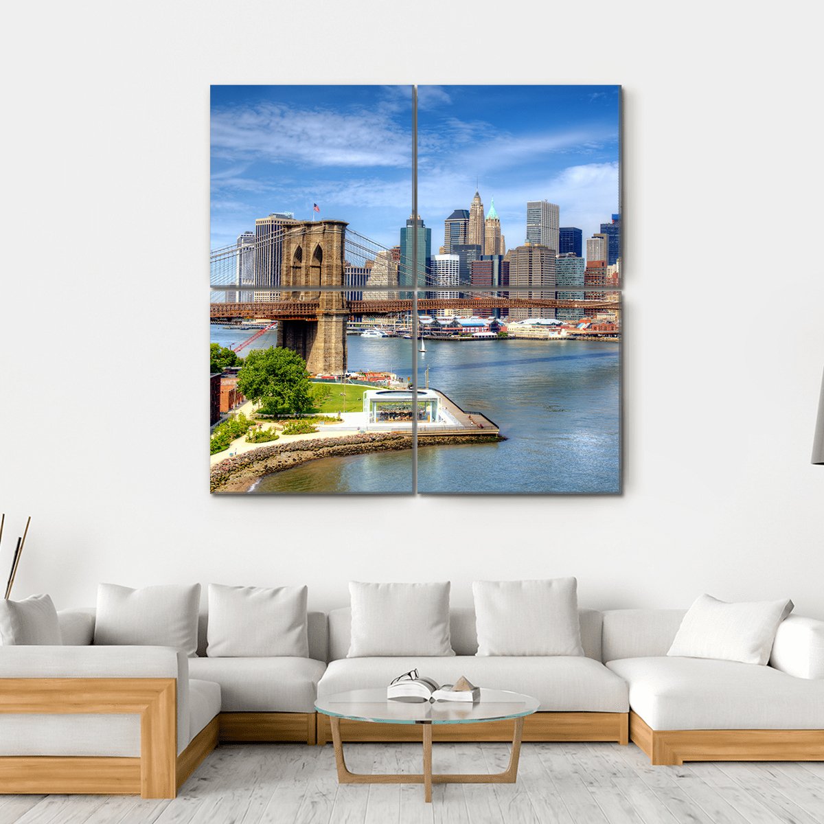 Brooklyn Bridge Lower Manhattan Canvas Wall Art-4 Square-Gallery Wrap-17" x 17"-Tiaracle
