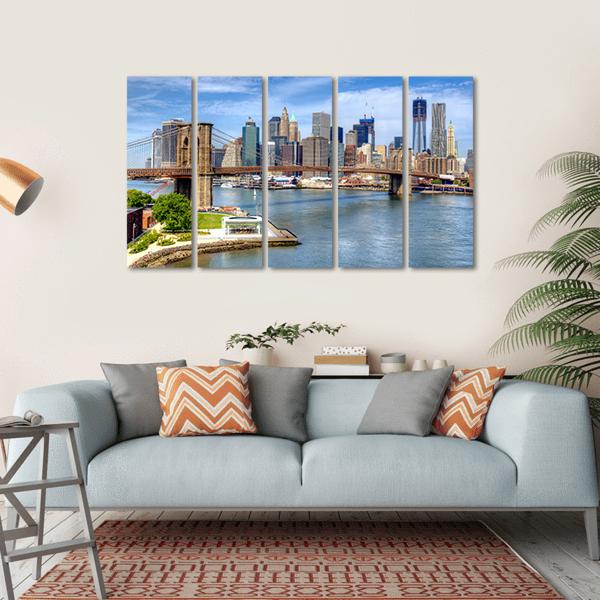 Brooklyn Bridge Lower Manhattan Canvas Wall Art-5 Horizontal-Gallery Wrap-22" x 12"-Tiaracle