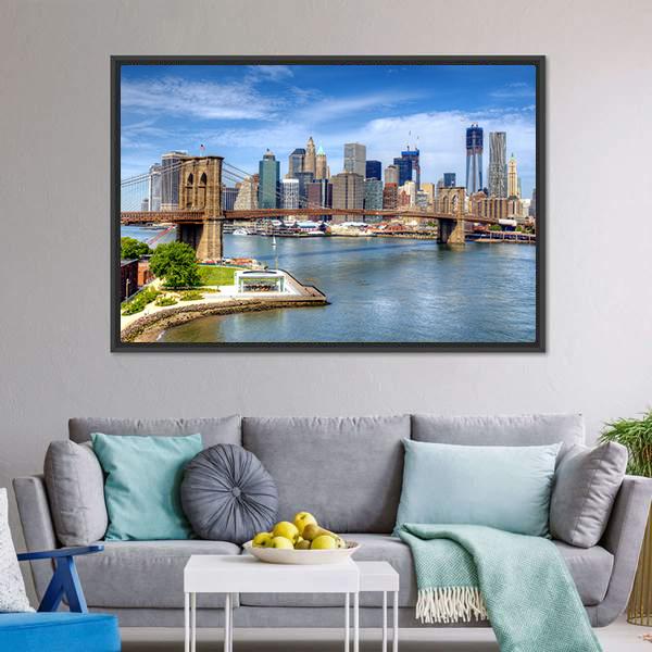Brooklyn Bridge Lower Manhattan Canvas Wall Art-1 Piece-Floating Frame-24" x 16"-Tiaracle